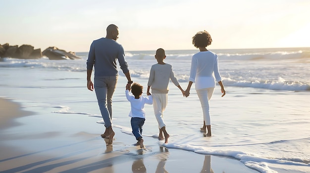 Une famille heureuse se promène sur la plage, des parents se tenant par la main avec leurs deux enfants, le soleil se couche et les vagues s'écrasent sur le rivage.