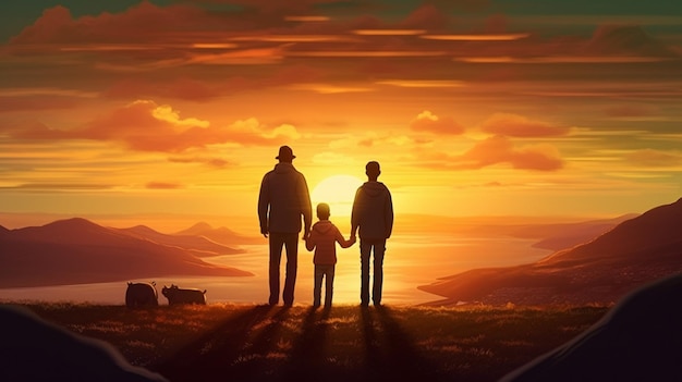 Une famille heureuse se tient la main et admire la vue imprenable sur le coucher du soleil