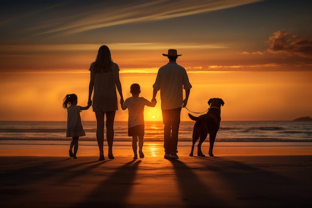 Famille heureuse et silhouettes de chien au coucher du soleil Generative AI