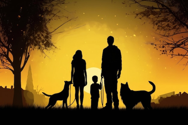 Famille heureuse et silhouettes de chien au coucher du soleil Generative AI