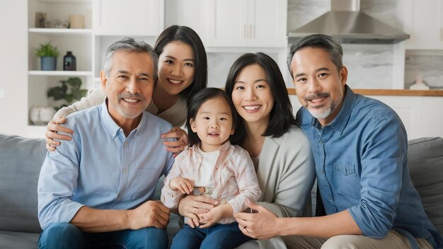 Une famille heureuse souriante à la maison.