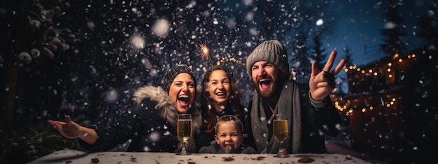 Photo une famille heureuse sourit dans la neige dehors.