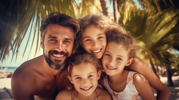 Une famille heureuse sourit pendant des vacances à la mer.