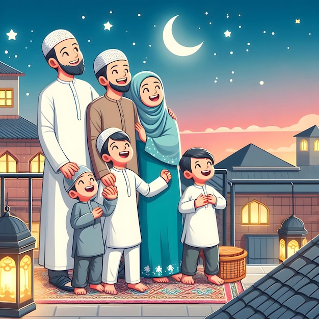 Famille heureuse sur le toit sur la vue sur la lune du Ramadan avec un beau ciel généré par l'IA