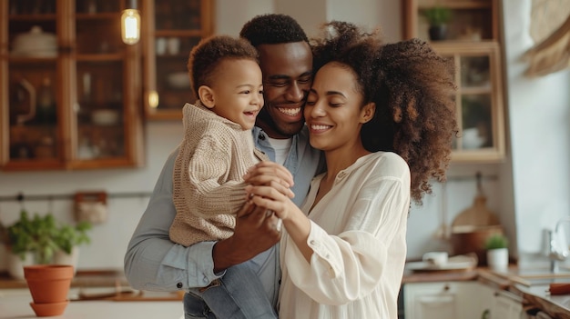 Une famille heureuse, tout le corps, a ravi divers parents jouant et dansant avec leur fils dans une cuisine confortable le week-end à la maison