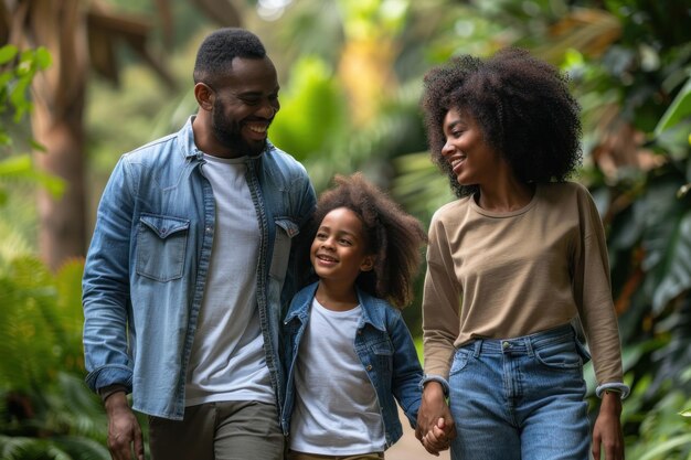 Photo une famille heureuse en train de se promener dans le parc.