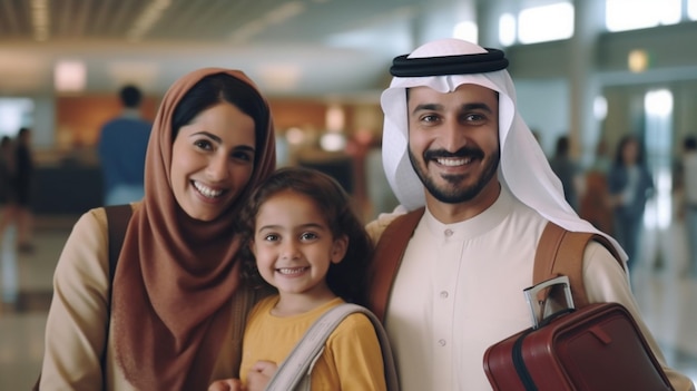 Une famille heureuse de trois personnes du Moyen-Orient posant dans le terminal de l'aéroport, des parents arabes joyeux et un enfant.