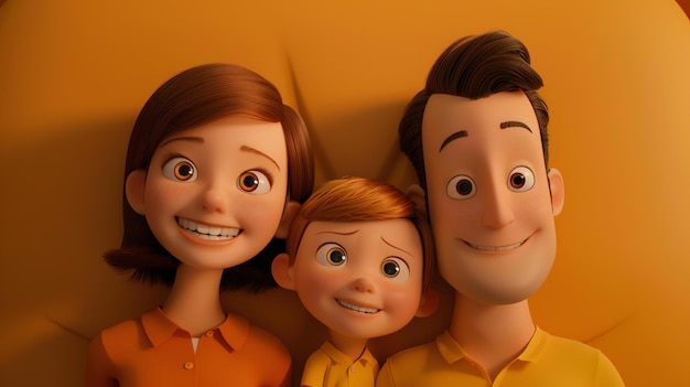 Une famille heureuse de trois personnes souriant ensemble.