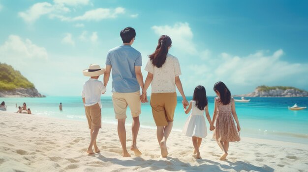 Une famille heureuse en vacances d'été à la plage