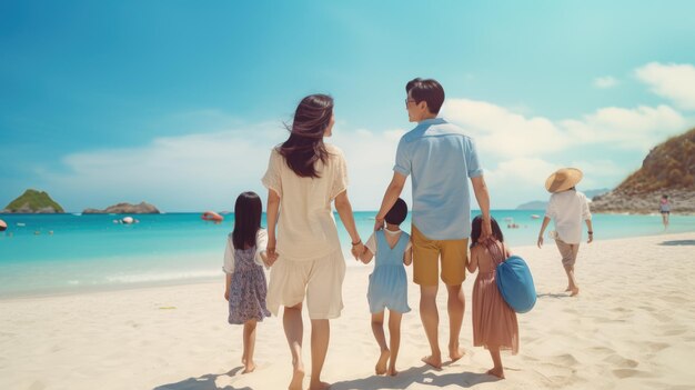 Une famille heureuse en vacances d'été à la plage