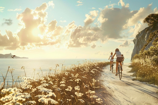 Une famille heureuse à vélo le long d'un vélo côtier