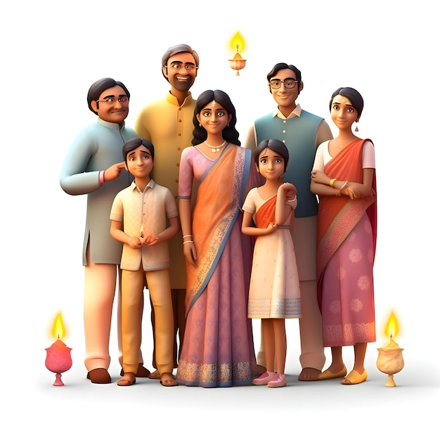 Famille indienne célébrant Diwali ou Deepavali avec sa famille en vêtements traditionnels