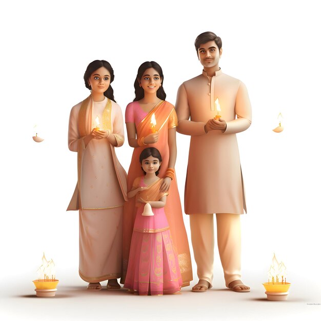 Famille indienne célébrant diwali avec diya éclairé sur fond blanc