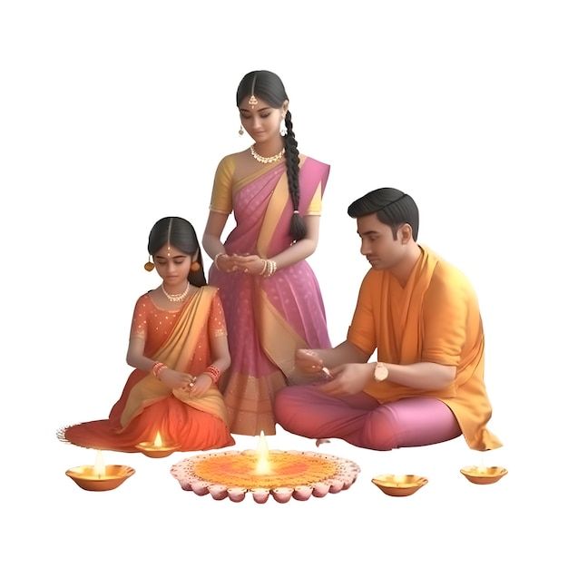 Famille indienne célébrant Diwali avec diya sur fond blanc