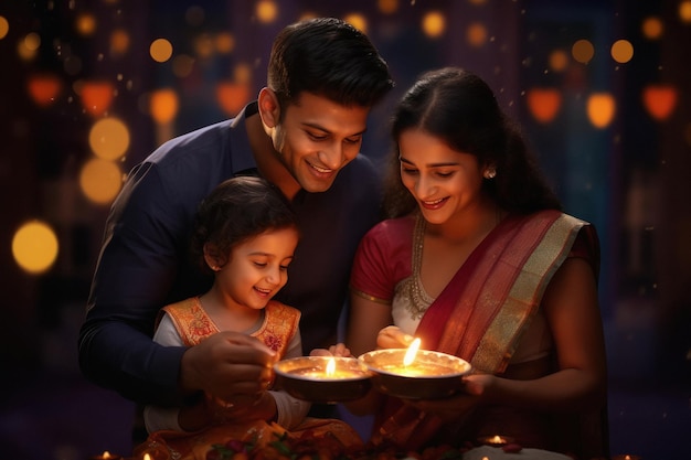 Une famille indienne en flammes et célèbre le festival de Diwali.