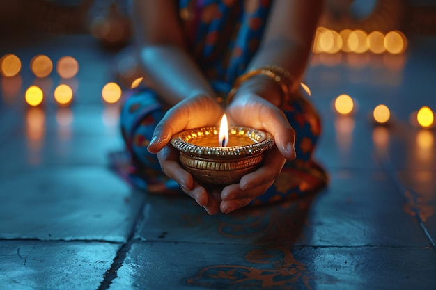 Une famille indienne traditionnelle célèbre la fête des lumières de Diwali à la maison avec une petite fille tenant une lampe à huile