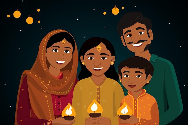 Famille indienne traditionnelle tenant une lampe à huile lors de la célébration de la nuit de Diwali