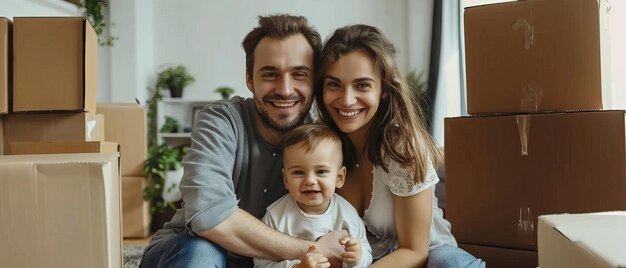 Photo une famille internationale avec un petit fils pose dans leur nouvelle maison avec des boîtes de carton tout autour d'eux alors qu'ils déménagent dans leur propre appartement avec un petit enfant biracial