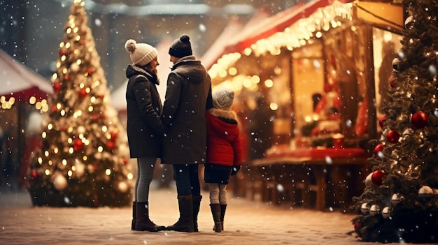 Une famille interraciale heureuse profitant d'une promenade dans un marché de Noël la nuit Fêtes d'hiver et ensemble concept mère heureux père et petite fille au marché de noël avec la neige et la lumière d'ornement