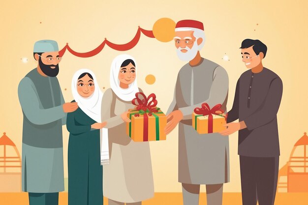 famille islamique ou musulmane se donnant des cadeaux lors d'une fête