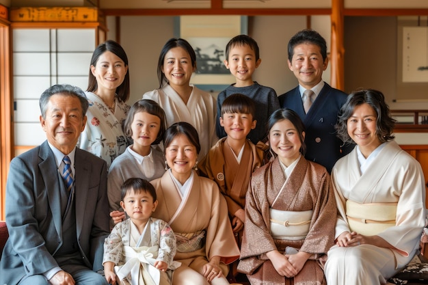 Une famille japonaise traditionnelle se réunit en kimono pour une occasion de célébration dans une salle de tatami