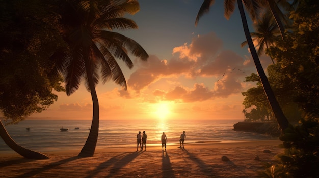 Une famille jouant et appréciant la plage avec un coucher de soleil