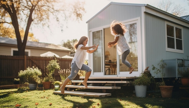 une famille jouant à l'extérieur d'une petite maison avec une petite maison sur le porche avant