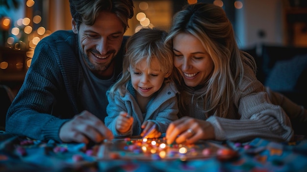 une famille jouant à un jeu avec une bougie allumée