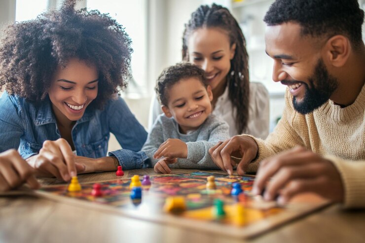Photo une famille jouant à des jeux de société à la maison en riant et