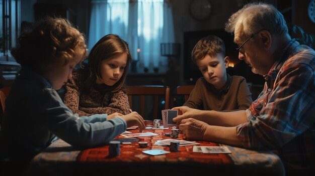 Photo une famille joue aux cartes ensemble. ils sont tous assis autour de la table et regardent les cartes dans leurs mains.