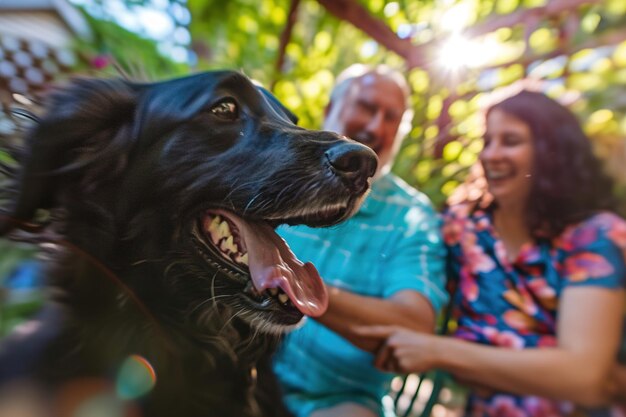 Une famille joue dynamiquement avec son chien dans la cour arrière.