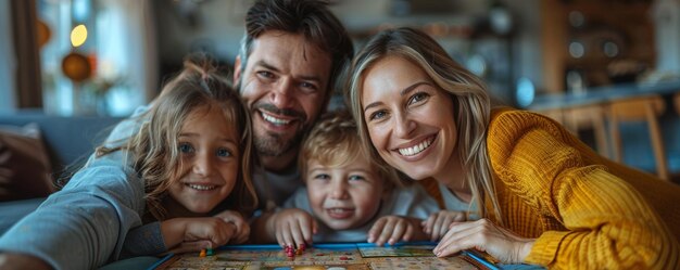 Une famille joue ensemble à des jeux de société