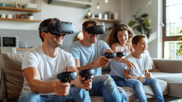 Une famille joue à un jeu de réalité virtuelle ensemble. Ils portent tous des casques et tiennent des contrôleurs.