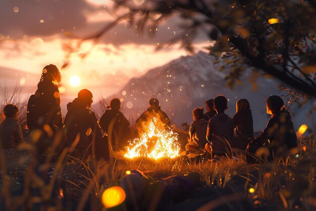 Une famille joyeuse autour d'un feu de joie