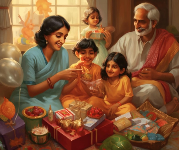 Une famille joyeuse échangeant des cadeaux et des bonbons