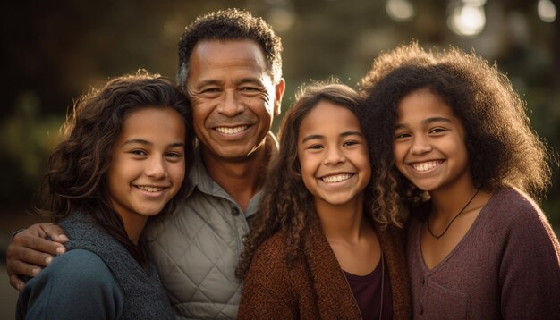 Une famille joyeuse et heureuse se liant à l'extérieur en regardant la caméra générée par l'IA