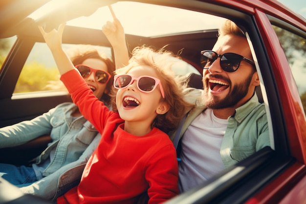 Une famille joyeuse lève la main en profitant d'un voyage en voiture électrique.