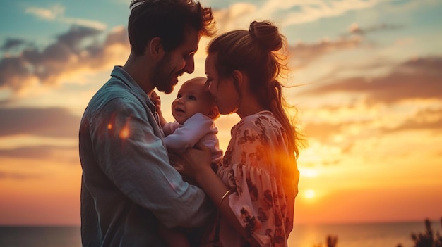 Une famille joyeuse, des parents avec leur petit bébé, profitant d'un coucher de soleil.