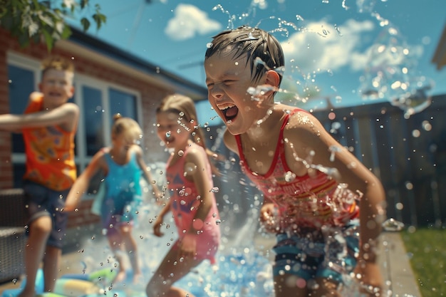 Une famille joyeuse se bat pour l'eau dans le jardin.