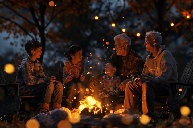 Une famille joyeuse se réunit autour d'un feu de camp.