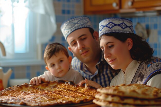 Photo la famille juive célèbre la pâque avec du pain matzo