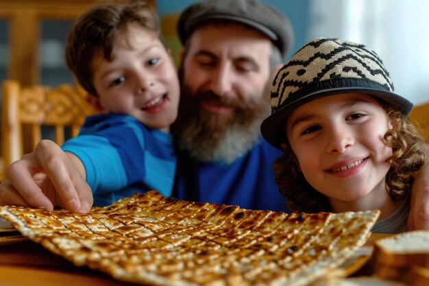 Photo la famille juive célèbre la pâque avec du pain matzo