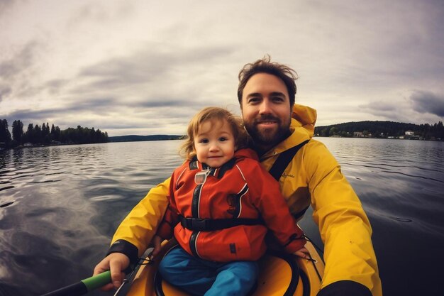 famille en kayak et fait un selfie