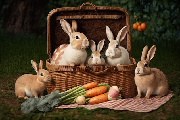 Famille de lapins ayant un pique-nique de Pâques avec un panier d'œufs de carottes et de sandwichs illustration de Pâques ai générative
