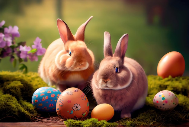 Famille de lapins dans le nid avec de nombreux oeufs de Pâques colorés pour Joyeuses Pâques Fond de carte de voeux Concept animal et animal de compagnie Generative AI