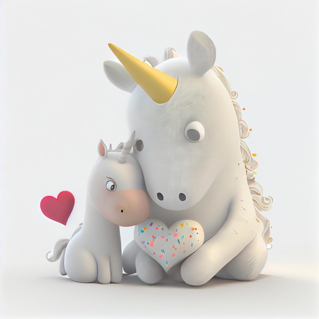 Famille de licorne mignonne amoureuse des coeurs animaux de la saint-valentin illustration de rendu 3d