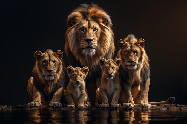 La famille des lions sur un fond noir