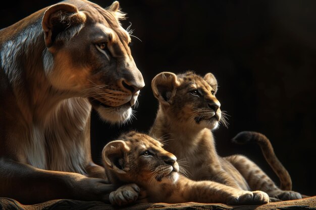 La famille des lions sur un fond noir