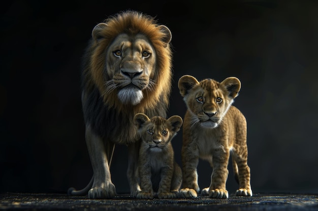 La famille des lions sur un fond noir