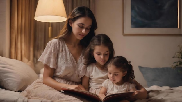 La famille lit à l'heure du coucher. Une jolie jeune mère lit un livre à sa fille.